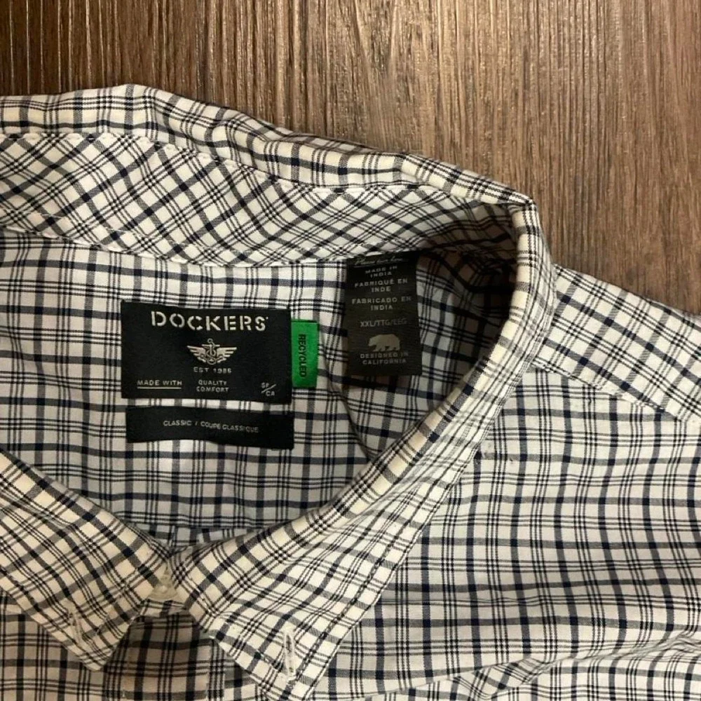 Dockers white and blue checkered button-up shirt
